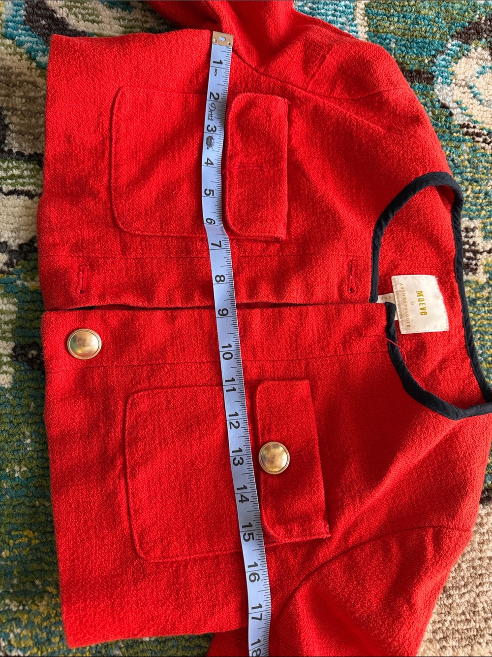 Anthropologie Maeve Red Cropped Tweed Jacket with Contrast Trim - Picture 9 of 10